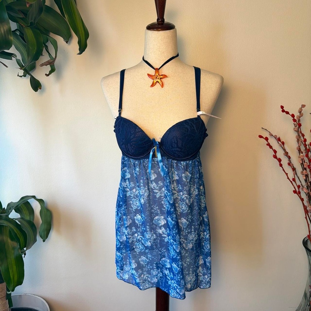 Daisy Fuentes Navy Blue Lace Floral Babydoll Cami Top Medium NWT